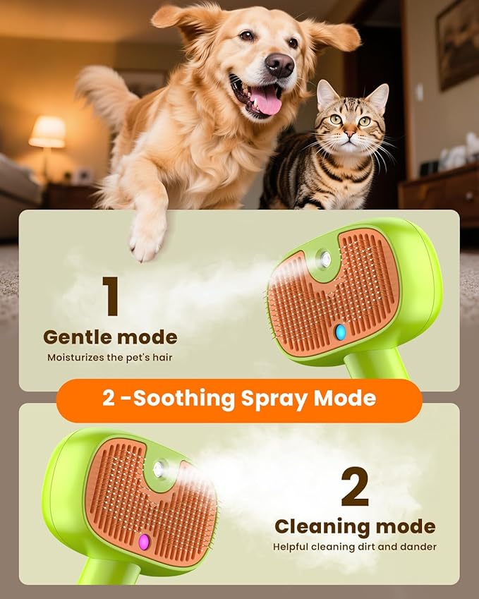 4-in-1 Cat Steam Brush, 2025 Upgraded Pet Steam Brush for Indoor Cats Dogs Spray Hair Removal Comb, 2 Spray Self-Cleaning Dog Brushes for Shedding,Massage,Cleaning Grooming (Green)