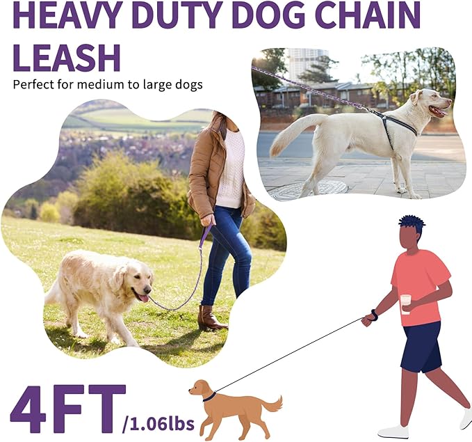 HOMIMP Heavy Duty Dog Leash - Chew Proof 4 FT, Reflective, Metal Training Leash with Soft Padded Handle, Strong Rope for Night Walking, Purple