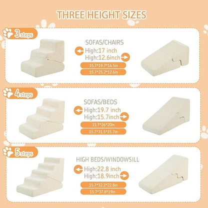 Dog Ramp for Bed, 16.5" H Dog Stairs for High Bed, 2 in 1 Pet Steps for Small Dogs, 3-Step Foldable Transformable Large Cats Ramp to Get on Couch, Non-Slip Balanced, Beige