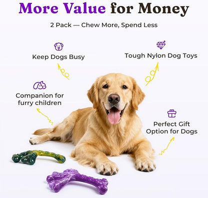 Indestructible Tough Dog Toys for Aggressive Chewers - 2 Pack Beef and Bacon Flavored Chew Bone for Large Dogs 20-90 lbs, Long Lasting & Keep Them Busy (XL Cactus) Dark Purple & Dark Green