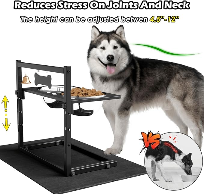 SHAINFUN Elevated Dog Bowls with Mat, Adjustable Height 4.3''-11.8'', Metal Stand, Two 1.7L Stainless Steel Food & Water Bowls for Large, Medium Dogs