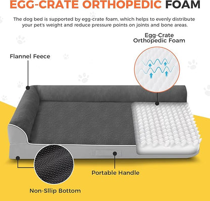 Dog Bed Large Sized Dogs, XL Orthopedic Dog Bed for Large Dogs 42"x30"x7.5", Waterproof Pet Bed with Washable Removable Cover, L-Shaped Pet Couch with Portable Handle, Grey Flannel
