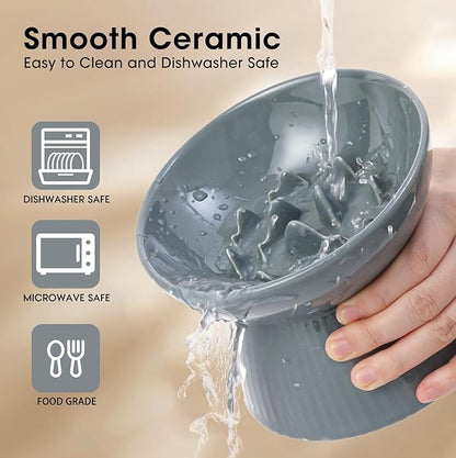 Elevated Slow Feeder Bowl for Cats and Small Dog, Stop Vomiting & Choking, Ceramic Slow Cat Bowl, Spill-Proof & Anti-Tipping, Easy to Clean, No Black Chin, Raised Pet Bowl for Dry & Wet Food