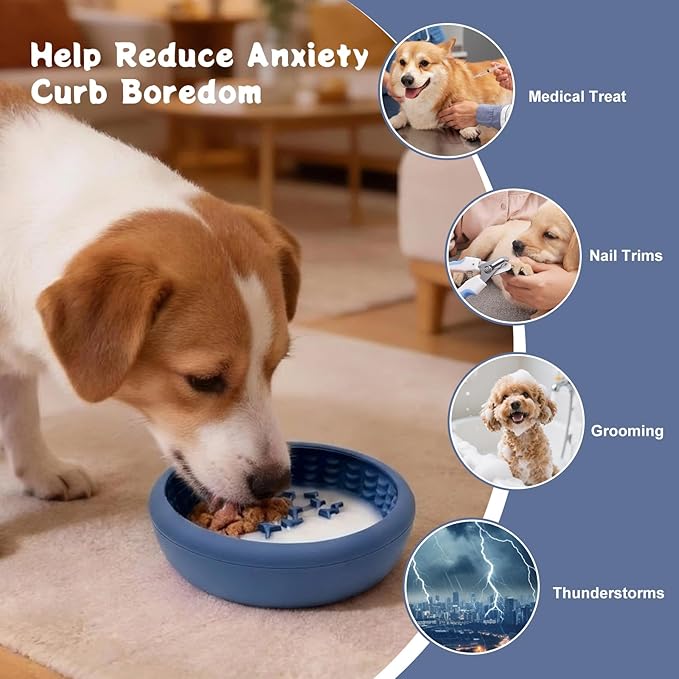 Dog Lick Bowl, Anxiety Relief Slow Feeder Lick Mat for Dogs, Non-Slip Freeze Licking Bowls Enrichment Puzzle Pet Feeding Treat Dispenser for Distraction, Silicone Lick Pads for All Dogs((Blue, Large)