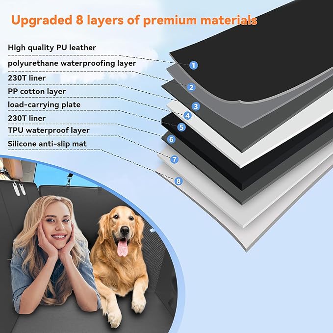 Back Seat Extender for Dogs, Hard Bottom Dog Car Seat Cover for Truck Back Seat, Dog Hammock for Car, Upgraded PU Leather Material, Larger Space, Holds 400lbs