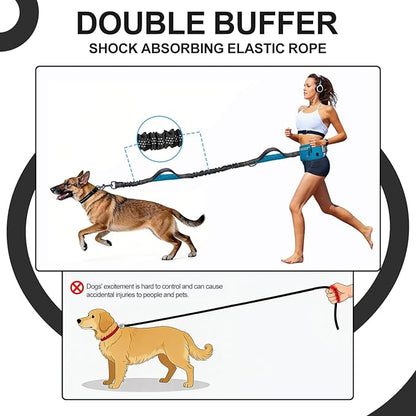 Hands Free Dog Leash with Zipper Pouch, Waist Leash for Dog Walking and Running, Dual Padded Handles, Shock-Absorbing Bungee for Medium to Large Dogs (Blue)