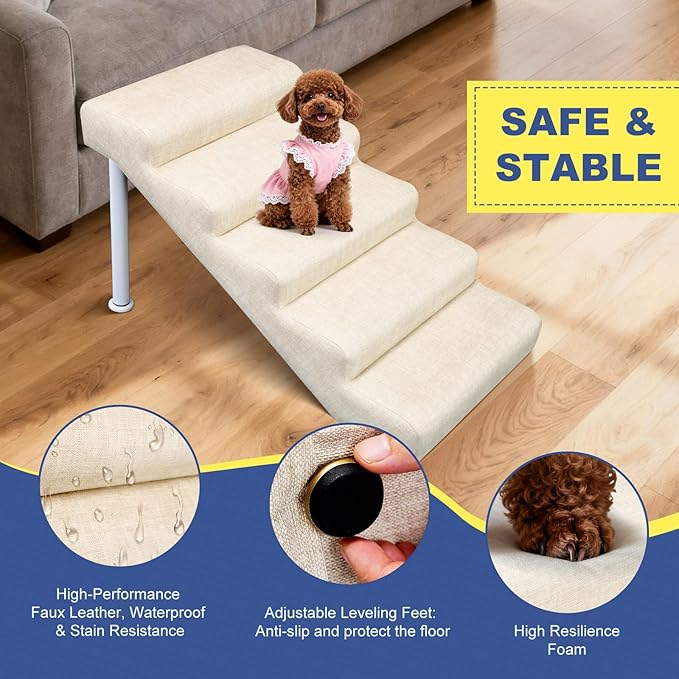 DoCred Adjustable Dog Stairs for Beds & Sofas - 5 Step 18.5"-21.6" H Non-Slip Pet Stairs for Small to Medium Dogs & Cats, Supports up to 150 lbs - Linen Faux Leather Dog Steps
