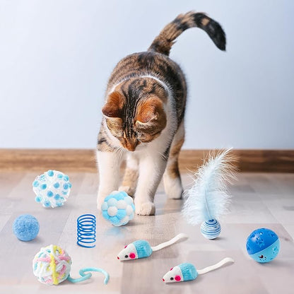 MALLMALL6 Cat Toy Set Interactive Cat Toys 10Pcs Pack Including Cat Springs Feather Teaser Wand Mice Crinkle Balls and Pet Bell Balls, Puzzle Interactive Pet Gift Pack Toys for Indoor Kitten (Blue)