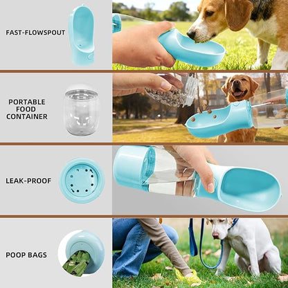 3-in-1 Dog Water Bottle Portable Leak Proof Pet Water Dispenser with Built-in Snack Storage & Waste Bag Holder 14oz for Outdoor Walking, Hiking Travel Blue