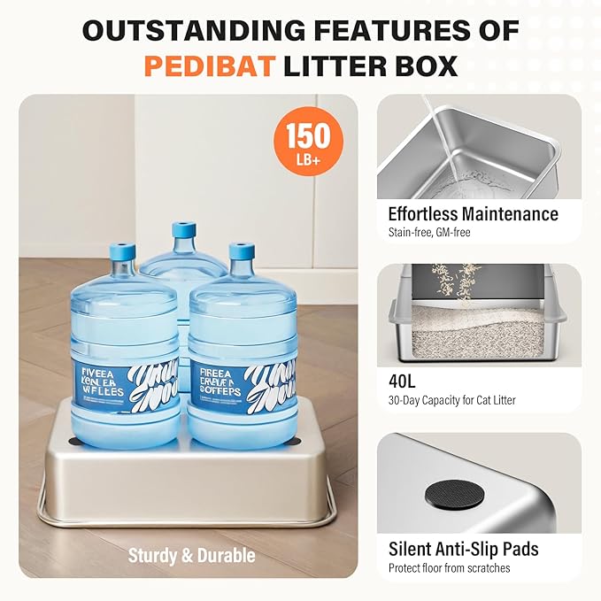 Stainless Steel Cat Litter Box with Scoop, Metal Litter Box High Sided, Cat Litter Box Enclosure, XL Extra Large High-Sided Litter Boxs (Anti-Urine Leakage, Include Scoop) (Grey)