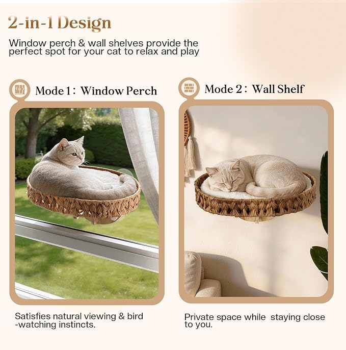 2 Ways Cat Window Perch with Solid Wood Frame, Wicker Design Cat Window Seat with 4 Suction Cups, Window Hammock for Cats Inside with Removable Cusion, Cat Hammock for Window & Wall