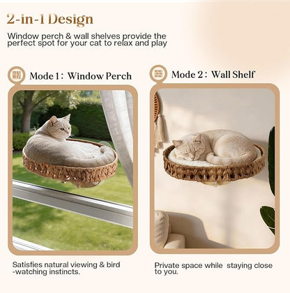 2 Ways Cat Window Perch with Solid Wood Frame, Wicker Design Cat Window Seat with 4 Suction Cups, Window Hammock for Cats Inside with Removable Cusion, Cat Hammock for Window & Wall