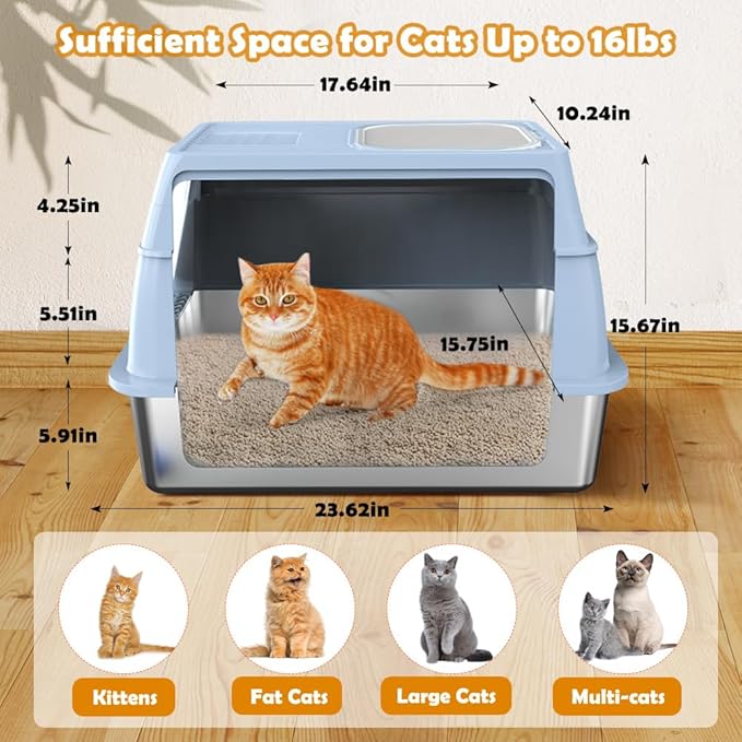 Vivifying Stainless Steel Litter Box with Lid, XL Front Entry Enclosed Extra Large Litter Box for Big Cats & Kitty, Top Exit Metal Cat Pan with Scoop, Mat, Step, Charcoal Filter (Blue)