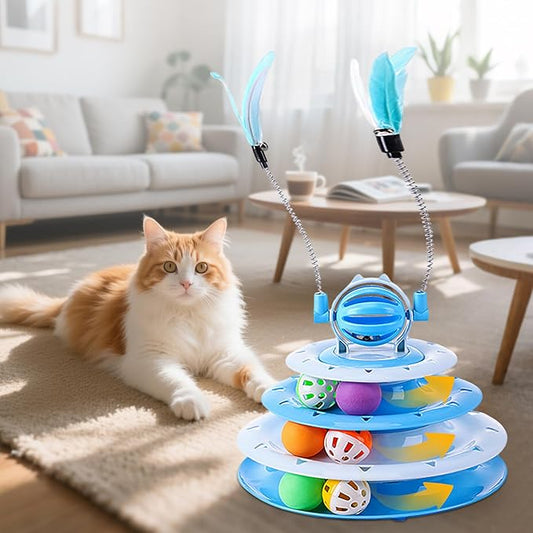 Vealind Cat Toy Roller 4-Level Turntable Cat Toys Balls with 14 Pcs Colorful Pom Pom Balls Interactive Fun Mental Physical Exercise Puzzle Kitten Toys (Blue)