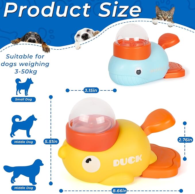 2-in-1 Interactive Dog Toy Food Puzzle Slow Feeder, Duck Shaped Toy cat Snack Dispenser can Reduce Abdominal Bloating (Yellow Duck and Light Blue Whale)