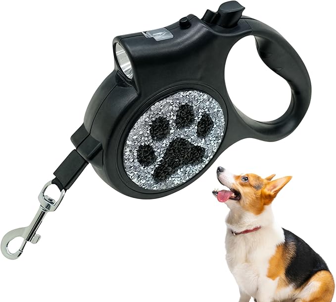 Led Retractable Dog Leash – 16ft Leash with Handcrafted Sparkle Detail Tangle-Free One-Hand Brake Soft Grip Handle for Small & Medium Dogs Up to 77lbs (DL-BK)