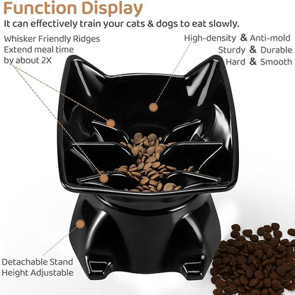 Small Elevated Slow Feeder Cat Bowl, Cute Tilted Elevated Bowls and Dishes for Cats & Small Dogs, Whisker Friendly, Anti Vomiting Raised Pet Bowl for Dry and Wet Food, Black