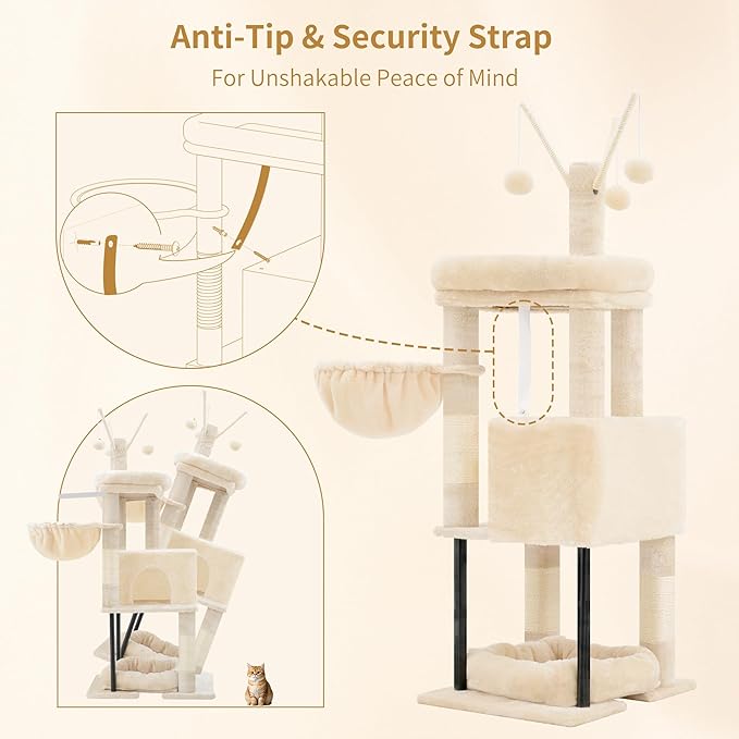 Heybly Cat Tree, 45.3-Inch Cat Tower for Indoor Cats with Large Perch, All-in-One Cat Furniture with Cozy Bed, Hidden Space Cat Condo, Comfy Hammock, Scratching Posts & 3 Pompoms, Beige HCT202SM