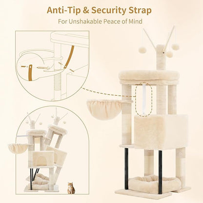Heybly Cat Tree, 45.3-Inch Cat Tower for Indoor Cats with Large Perch, All-in-One Cat Furniture with Cozy Bed, Hidden Space Cat Condo, Comfy Hammock, Scratching Posts & 3 Pompoms, Beige HCT202SM
