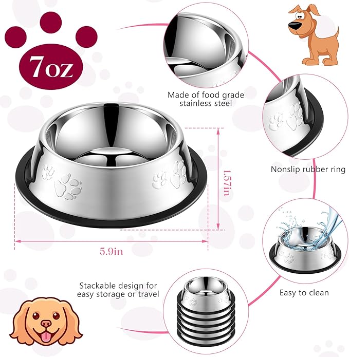 Tanlade 8 Pack Stainless Steel Dog Bowls Metal with Rubber Base Non-Slip Pets Puppy Cats Feeding Food and Water Bowls Dishwasher-Safe for Indoor Small Medium Large Dogs Cats Kitten Rabbit(7 oz)