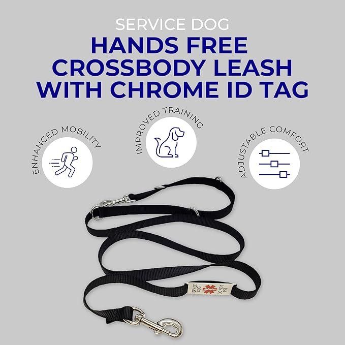 ActiveDogs Hands Free Leash - 7ft Crossbody, Service Dog Leash with Chrome 'Service Dog Do Not Pet' Tag - Strong 3/4" Nylon, Double Stitched, Black