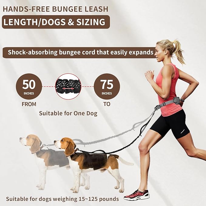 Tails & Tales Hands Free Dog Leash with Waist Pouch, Lumbar Support Upgraded, Bungee Reflective Leash, Adjustable Belt 25-55", Walking Running Hiking Training for Dogs Up to 125lbs (Gray, One Dog)