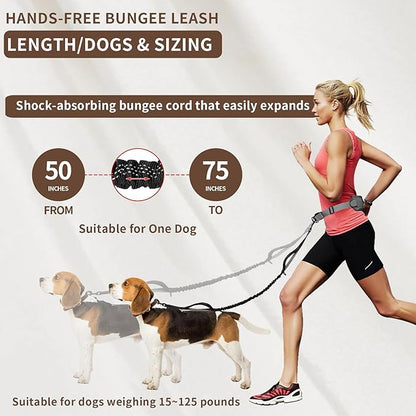 Tails & Tales Hands Free Dog Leash with Waist Pouch, Lumbar Support Upgraded, Bungee Reflective Leash, Adjustable Belt 25-55", Walking Running Hiking Training for Dogs Up to 125lbs (Gray, One Dog)