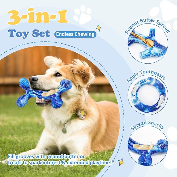 Furdog 3Pack Dog Toys for Aggressive Chewers Dog Chew Toy Tough Dog Toys to Keep Them Busy Bacon Flavor Teething Chew Toys & Dental Health for Large Medium Small Breeds (Blue)