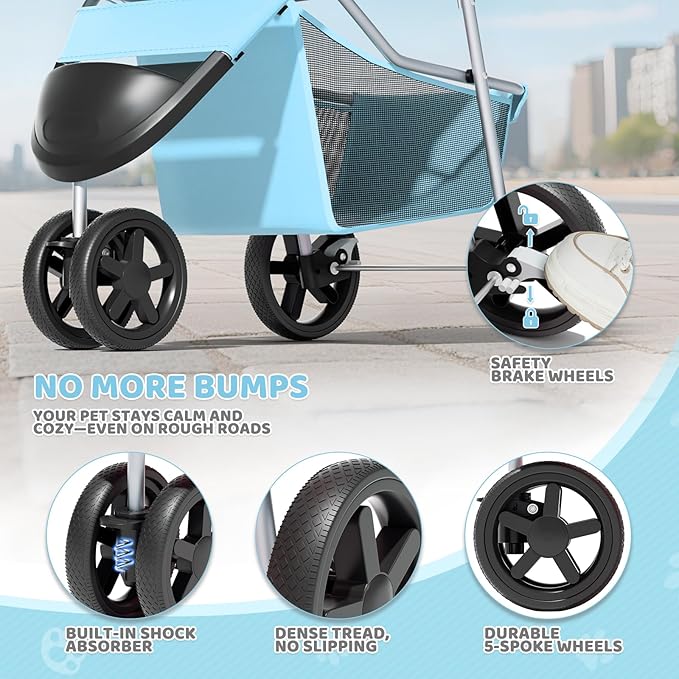 Magshion 3-Wheel Pet Stroller, Foldable Travel Jogger for Small & Medium Dogs & Cats (Up to 33lbs), Lightweight Carrier with Breathable Mesh Cover, Cup Holder & Storage Basket, Mint Green