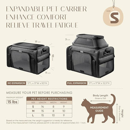 Top-Expandable Pet Carrier with Treat & Pet Window,17x11x9.5 Inch Alaska Hawaiian Airline Approved,Soft-Sided Dog Carrier for Small Dogs and Cats,Travel Cat Carrier with Locking Safety Zippers,Black