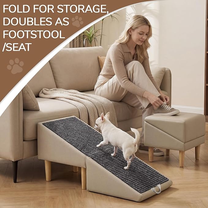 Dog Ramps, Foldable 2-in-1 Wooden Pet Steps, 23 Incline Foldable Dog Ramp Ottoman, Solid Wood Anti-Slip Pet Ramp, Split Ottoman Design, Foldable Pet Steps for Large and Small Cats & Dogs