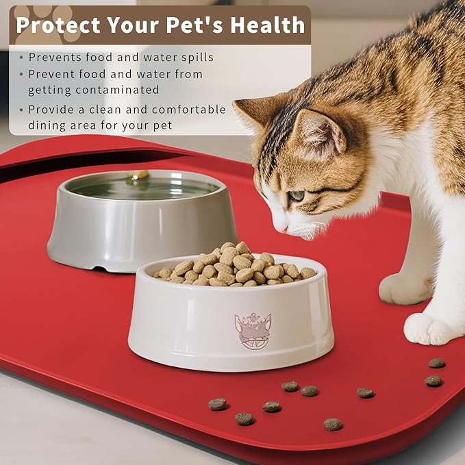 Silicone Pet Food Mat with Raised Edge for Food and Water Bowl, Dog Feeding Mats, Cat Food Trays for Floor Waterproof, Rubber Tray for Dogs and Cats, 22 x 14 x 0.8 Red