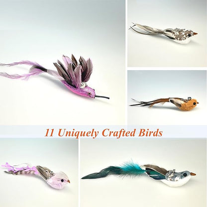 11 PCS Realistic Bird Cat Wand Replacement Toys–Handcrafted Feather Toys for Interactive Play, Ideal for Cat Wands & Home Décor