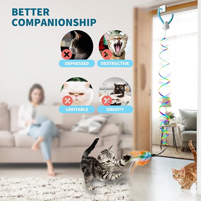 Interactive Cat Toys for Indoor Cats, Automatic Electric Door Hanging Toy with 3 Interchangeable Accessories (Feather, Mouse, Womm toy), Motion Activated USB Rechargeable Enrichment for Bored Cats