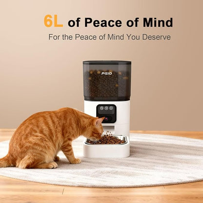 Automatic Cat Feeder with Camera, 1080P HD Video with Night Vision, 2.4G WiFi Pet Feeder for Cat & Small Dog, 2-Way Audio & Meal Call Pet Food Dispenser, Motion Capturing Auto Dog Feeder 6L