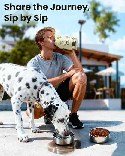 34oz Dog Water Bottle, Stainless Steel Dog Water Bottle Dispenser with Detachable Food & Water Bowls, Keeps Water Hot/Cold, for Walking, Hiking, Camping(Cream)