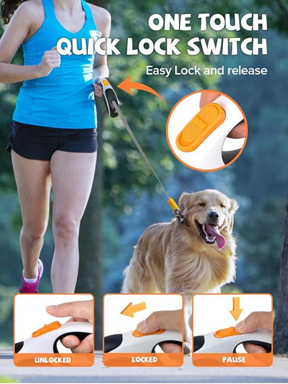 Retractable Dog Leash with LED Flashlight, Douexio Upgrade 3 in 1 Dog Leash Retractable for Small Medium Dogs Up to 66 lbs, 16ft, Anti-Slip Handle (Black-White)