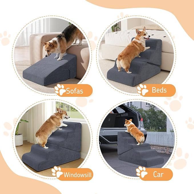 Dog Ramp for Bed, Extra Wide 20" Width Dog Stairs for High Bed, 2 in 1 Pet Steps for Small Dogs, 4-Step Foldable Transformable Large Cats Ramp to Get on Couch, Non-Slip Balanced, Grey