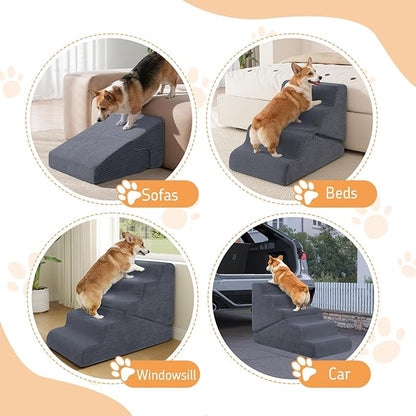 Dog Ramp for Bed, Extra Wide 20" Width Dog Stairs for High Bed, 2 in 1 Pet Steps for Small Dogs, 4-Step Foldable Transformable Large Cats Ramp to Get on Couch, Non-Slip Balanced, Grey