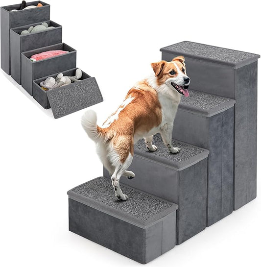 Giantex Dog Stairs with Storage - 23" H Folding 4-Step Pet Stairs for Small and Medium Dogs, Non-Slip & Soft Adjustable Dog Steps for High Beds Couch Sofa Window, Gray
