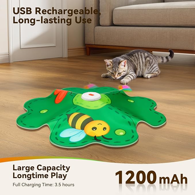 FEELNEEDY Rechargeable Cat Toys, 2 in 1 Hide and Seek Game Interactive Cat Toy, Movable LED Red Dot, Concealed Feathers, Durable Exercise Toys for Indoor Cats, Bored Adult Cats Wand Toy, Green