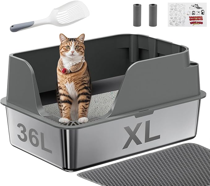 Non-stick Stainless Steel Litter Box, XL Side Opening Splash-Proof & Leak-Proof Seamless Seal, Ellenpent Large Capacity, Cat Litter Box with Lid for Multi-Cats, Large Cats, Easy-Clean & Durable (Gray)