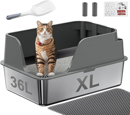 Non-stick Stainless Steel Litter Box, XL Side Opening Splash-Proof & Leak-Proof Seamless Seal, Ellenpent Large Capacity, Cat Litter Box with Lid for Multi-Cats, Large Cats, Easy-Clean & Durable (Gray)
