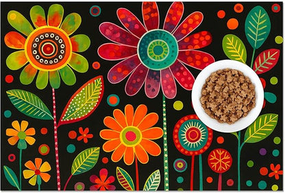 Vibrant Flower Pattern Pet Food Mat Spill-Proof Pet Feeding Mats for Food and Water Bowls Non-Slip Cats Placemat for Pet Areas Easy Clean Fast Dry Dog Water Bowl Mat 24" x 16"