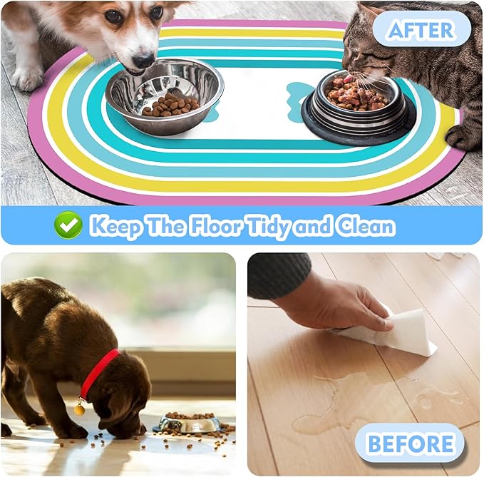 Cat Food Mat 24''x16'', Absorbent Cat Mats for Food and Water, Non-Slip Rubber Mat for Cats Bowls, Easy Store Pet Food Placemat, Mats for Under Cats Food Bowls, Fit with Kitchen, Living Room, Blue Paw