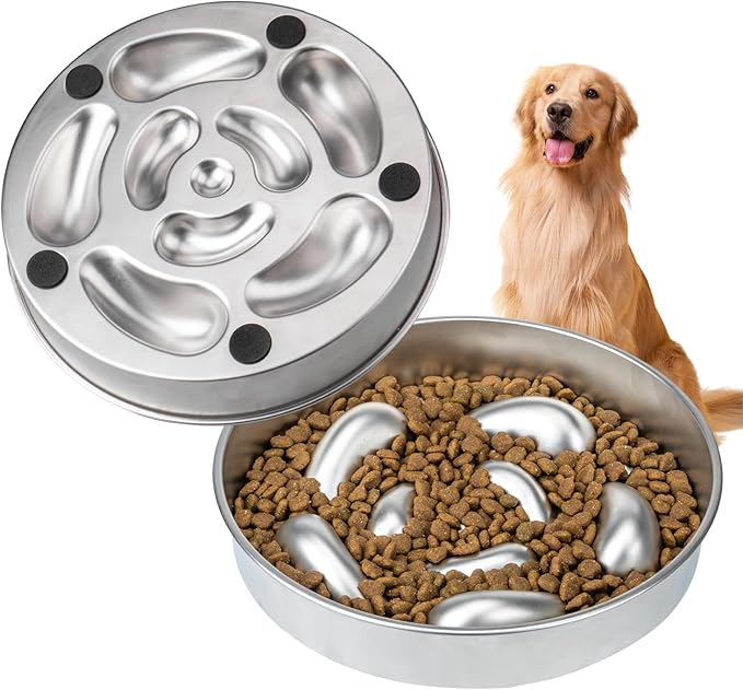 Metal Slow Feeder Dog Bowl, Food Grade Stainless Steel Dog Slow Feed Bowl with Non-Slip Base, 5 Cups Capacity Slowing Eating Pet Dishes Bowls for Puppy, Medium & Large Breed, Hound