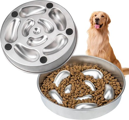 Metal Slow Feeder Dog Bowl, Food Grade Stainless Steel Dog Slow Feed Bowl with Non-Slip Base, 5 Cups Capacity Slowing Eating Pet Dishes Bowls for Puppy, Medium & Large Breed, Hound