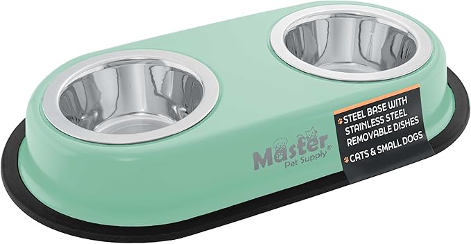 Master Pet Supply Double Dog Bowls Set with Elevated Base and 2 (8 oz) Stainless Steel Removable Dishes (Pistachio) – Double Cat Food Water Bowl, Dog Puppy Food Bowl Set, Rust Resistant