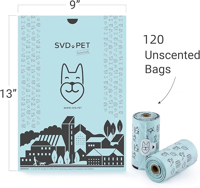 SVD.PET Dog Poop Bags, 120 Unscented Doggie Poo Bags, with Waste Bag Holder, Extra Thick With 100% Leak-Proof Guarantee (8 Rolls, 120 count)