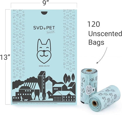 SVD.PET Dog Poop Bags, 120 Unscented Doggie Poo Bags, with Waste Bag Holder, Extra Thick With 100% Leak-Proof Guarantee (8 Rolls, 120 count)